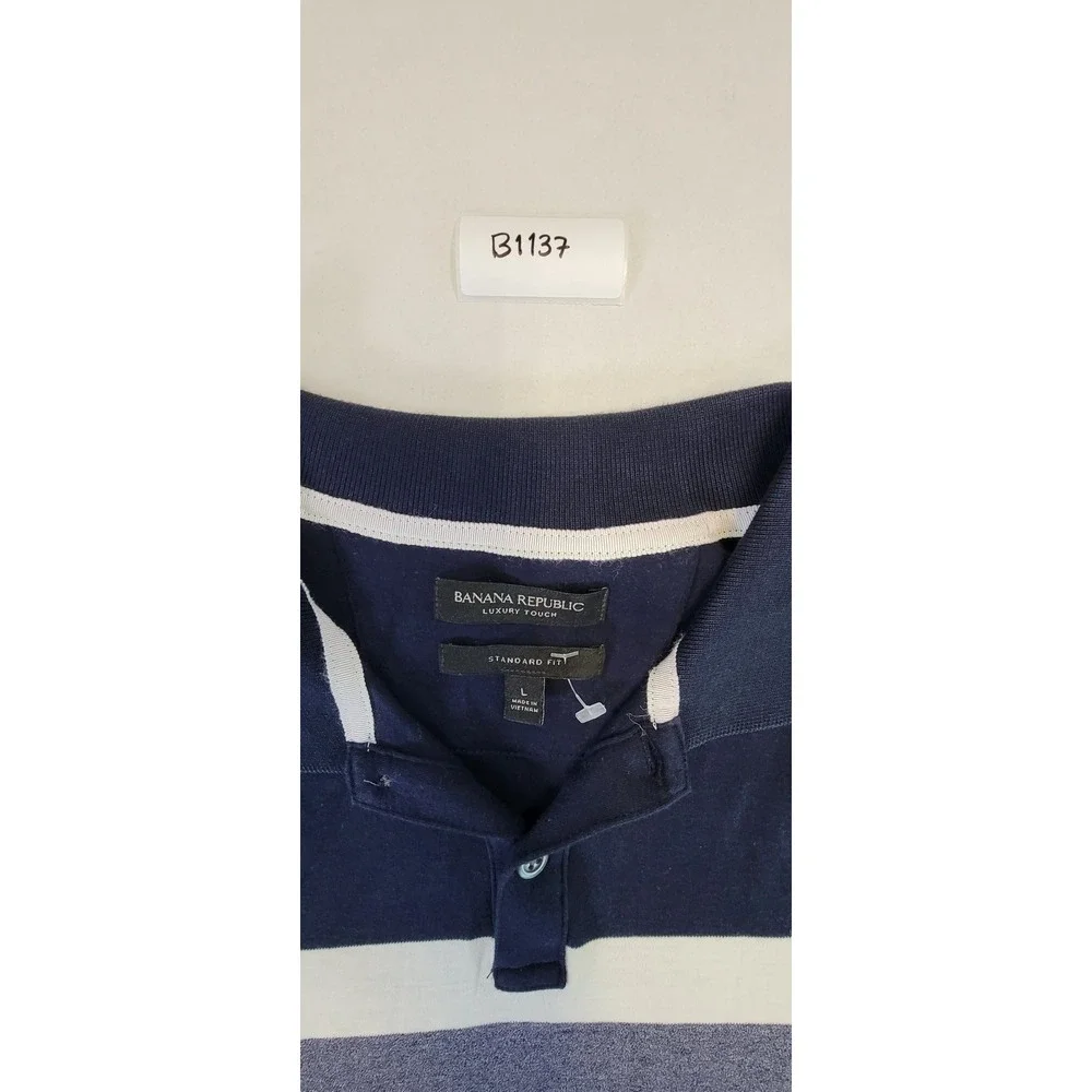 Banana Republic Men's Navy Blue‎ Striped Short Sleeve Polo Shirt Size L